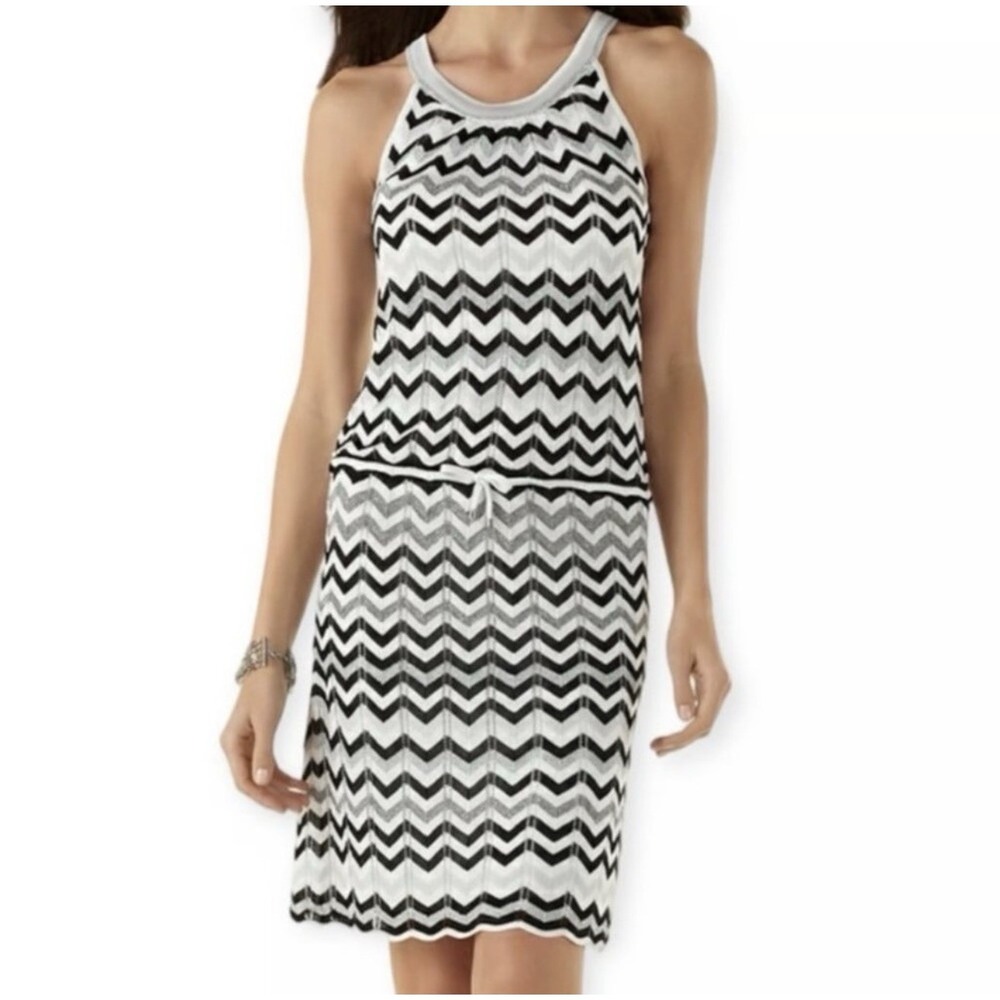WHBM Knit Chevron Sleeveless Dress Sz M Black, White, Silver Metallic Lined